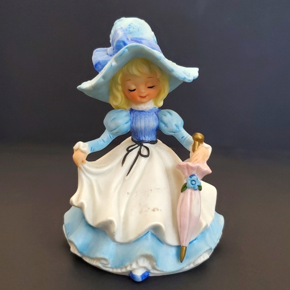 Vintage Southern Belle Country Western Girl Figurine Blue Prairie Dress Umbrella